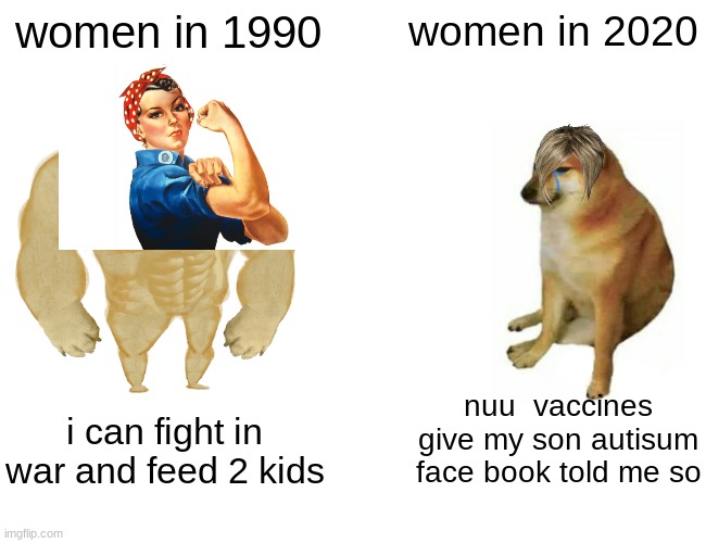 Buff Doge vs. Cheems | women in 1990; women in 2020; nuu  vaccines give my son autisum face book told me so; i can fight in war and feed 2 kids | image tagged in memes,buff doge vs cheems | made w/ Imgflip meme maker