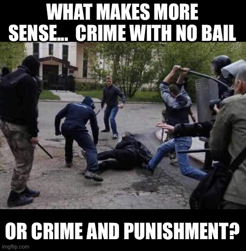 We need crime and punishment back | WHAT MAKES MORE SENSE...  CRIME WITH NO BAIL; OR CRIME AND PUNISHMENT? | image tagged in beat up | made w/ Imgflip meme maker
