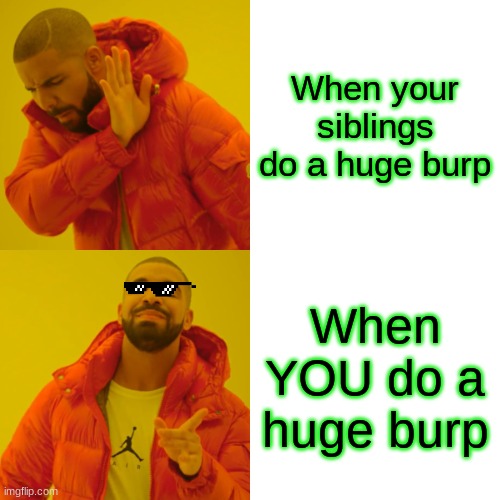 When You Do A Huge Burp | When your siblings do a huge burp; When YOU do a huge burp | image tagged in memes,drake hotline bling,burp,nobody is born cool,ain't nobody got time for that | made w/ Imgflip meme maker