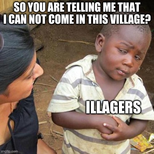 I wish that the illagers WOULD STOP DESTROYING THE VILLAGES that i make | SO YOU ARE TELLING ME THAT I CAN NOT COME IN THIS VILLAGE? ILLAGERS | image tagged in memes,third world skeptical kid,minecraft | made w/ Imgflip meme maker