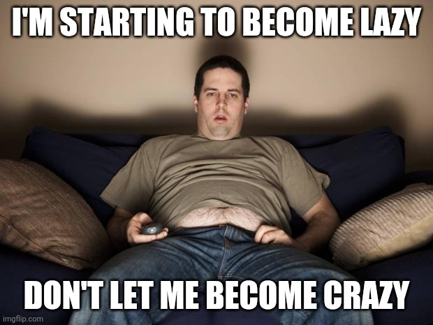 lazy fat guy on the couch | I'M STARTING TO BECOME LAZY; DON'T LET ME BECOME CRAZY | image tagged in lazy fat guy on the couch | made w/ Imgflip meme maker