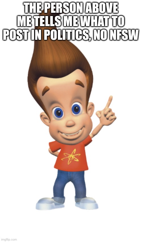 The Person Above Me | THE PERSON ABOVE ME TELLS ME WHAT TO POST IN POLITICS, NO NFSW | image tagged in the person above me | made w/ Imgflip meme maker