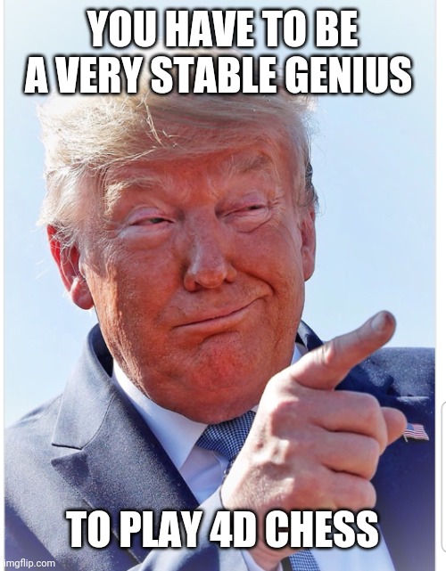 Trump pointing | YOU HAVE TO BE A VERY STABLE GENIUS TO PLAY 4D CHESS | image tagged in trump pointing | made w/ Imgflip meme maker
