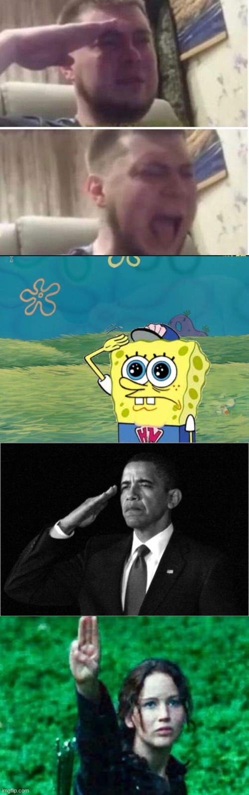 image tagged in crying salute,spongebob salute,obama-salute,katniss salute | made w/ Imgflip meme maker