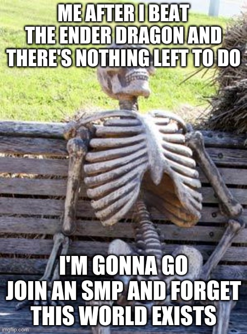 Waiting Skeleton | ME AFTER I BEAT THE ENDER DRAGON AND THERE'S NOTHING LEFT TO DO; I'M GONNA GO JOIN AN SMP AND FORGET THIS WORLD EXISTS | image tagged in memes,waiting skeleton | made w/ Imgflip meme maker