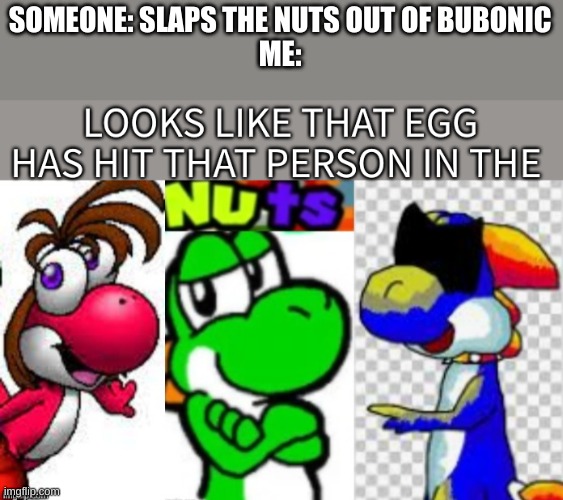 Looks Like That Egg Has Hit That Person In The Nuts | SOMEONE: SLAPS THE NUTS OUT OF BUBONIC
ME: | image tagged in looks like that egg has hit that person in the nuts | made w/ Imgflip meme maker