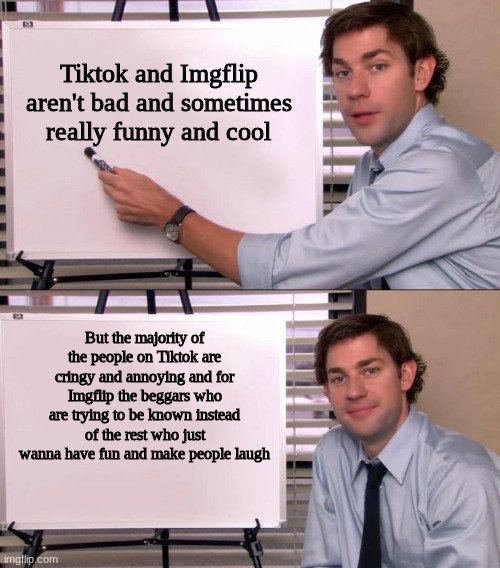 Facts | Tiktok and Imgflip aren't bad and sometimes really funny and cool; But the majority of the people on Tiktok are cringy and annoying and for Imgflip the beggars who are trying to be known instead of the rest who just wanna have fun and make people laugh | image tagged in jim halpert explains | made w/ Imgflip meme maker