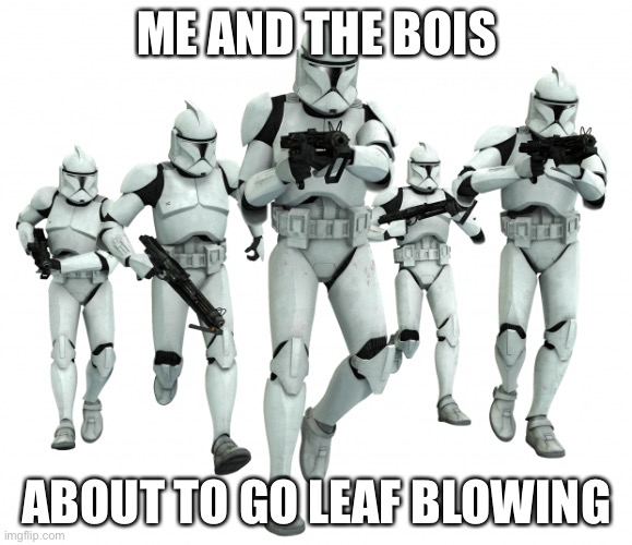 It feels like the clone rotary blaster | ME AND THE BOIS; ABOUT TO GO LEAF BLOWING | image tagged in clone trooper squad,leaf blowing,rotary blaster | made w/ Imgflip meme maker
