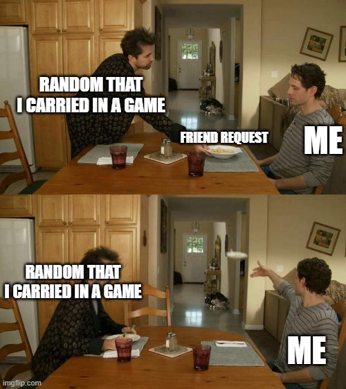 Just me? |  RANDOM THAT I CARRIED IN A GAME; FRIEND REQUEST; ME; RANDOM THAT I CARRIED IN A GAME; ME | image tagged in guy throwing cereal,gaming,haha,funny,memes | made w/ Imgflip meme maker