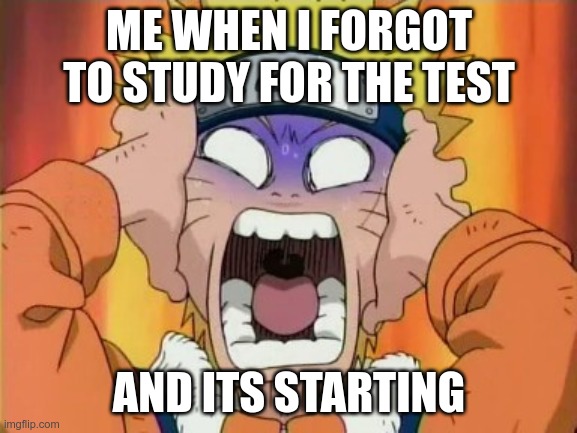 Naruto scared | ME WHEN I FORGOT TO STUDY FOR THE TEST; AND ITS STARTING | image tagged in naruto scared | made w/ Imgflip meme maker
