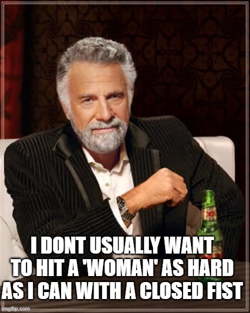 The Most Interesting Man In The World Meme | I DONT USUALLY WANT TO HIT A 'WOMAN' AS HARD AS I CAN WITH A CLOSED FIST | image tagged in memes,the most interesting man in the world | made w/ Imgflip meme maker