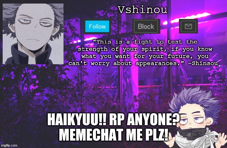 DM ME PLZZZZZZ | HAIKYUU!! RP ANYONE?
MEMECHAT ME PLZ! | image tagged in anime,haikyuu | made w/ Imgflip meme maker