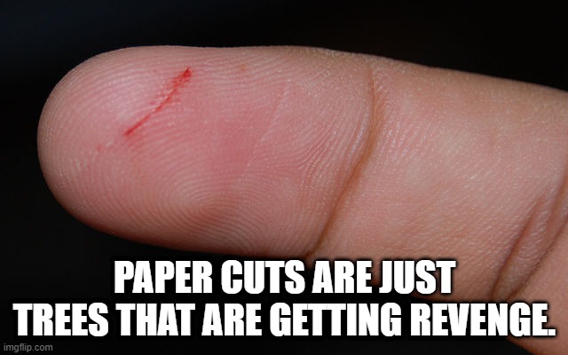 paper cut |  PAPER CUTS ARE JUST TREES THAT ARE GETTING REVENGE. | image tagged in paper cut | made w/ Imgflip meme maker