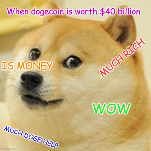 DOGECOIN | When dogecoin is worth $40 billion; MUCH RICH; IS MONEY; WOW; MUCH DOGE HELP | image tagged in memes,doge | made w/ Imgflip meme maker