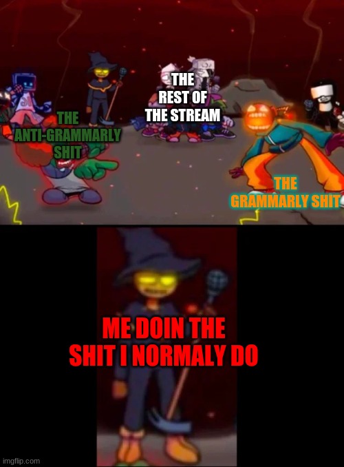 i like this template | THE REST OF THE STREAM; THE GRAMMARLY SHIT; THE ANTI-GRAMMARLY SHIT; ME DOIN THE SHIT I NORMALY DO | image tagged in zardy's pure dissapointment | made w/ Imgflip meme maker
