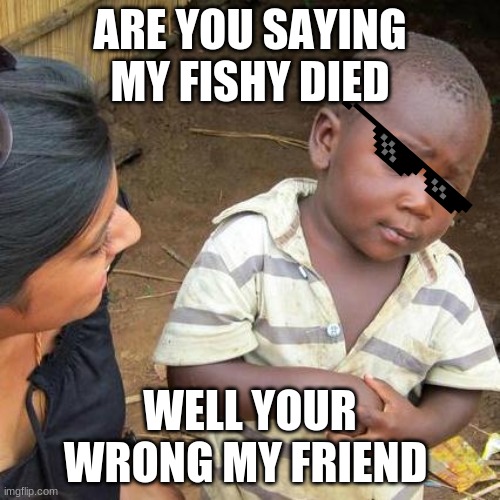 now am i correct | ARE YOU SAYING MY FISHY DIED; WELL YOUR WRONG MY FRIEND | image tagged in memes,third world skeptical kid | made w/ Imgflip meme maker