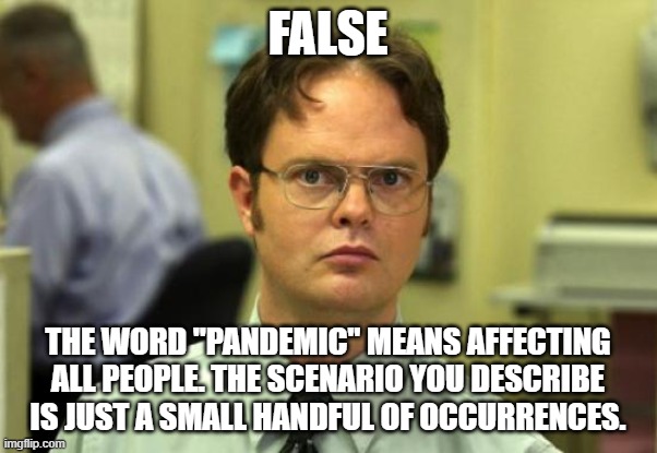 Dwight Schrute Meme | FALSE THE WORD "PANDEMIC" MEANS AFFECTING ALL PEOPLE. THE SCENARIO YOU DESCRIBE IS JUST A SMALL HANDFUL OF OCCURRENCES. | image tagged in memes,dwight schrute | made w/ Imgflip meme maker