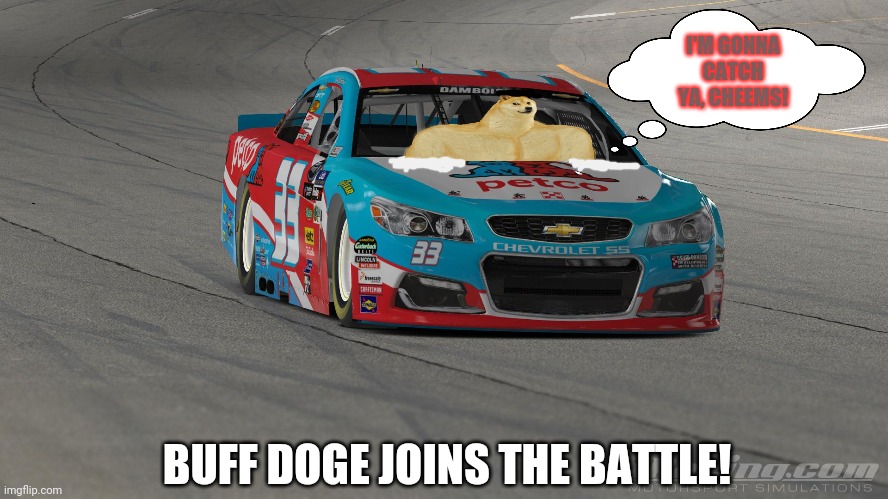 Buff Doge tries out for nascar! | I'M GONNA CATCH YA, CHEEMS! BUFF DOGE JOINS THE BATTLE! | image tagged in buff doge vs cheems,nascar,racing,sports,doge | made w/ Imgflip meme maker