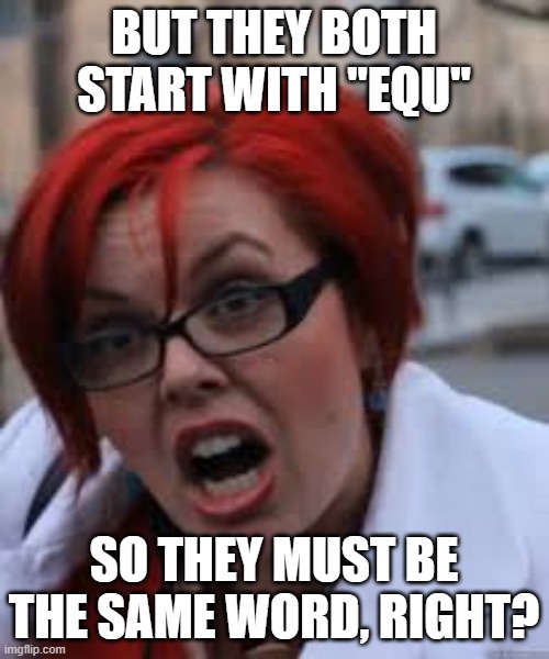 SJW Triggered | BUT THEY BOTH START WITH "EQU" SO THEY MUST BE THE SAME WORD, RIGHT? | image tagged in sjw triggered | made w/ Imgflip meme maker