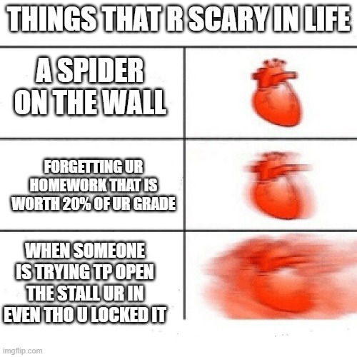 THINGS THAT R SCARY IN LIFE; A SPIDER ON THE WALL; FORGETTING UR HOMEWORK THAT IS WORTH 20% OF UR GRADE; WHEN SOMEONE IS TRYING TP OPEN THE STALL UR IN EVEN THO U LOCKED IT | made w/ Imgflip meme maker