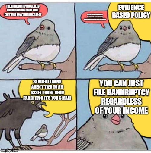 annoyed bird | EVIDENCE BASED POLICY; THE BANKRUPTCY CODE LETS YOU DISCHARGE DEBT THAT ISN'T TIED TO A TANGIBLE ASSET; IT'S NOT UNUSUAL FOR DEBTORS TO GET CREDIT CARD DEBT FROM STUFF LIKE VACATIONS OR BOOZE DISCHARGED; STUDENT LOANS AREN'T TIED TO AN ASSET I CANT READ PANEL TWO IT'S TOO S MALL; YOU CAN JUST FILE BANKRUPTCY REGARDLESS OF YOUR INCOME | image tagged in annoyed bird | made w/ Imgflip meme maker