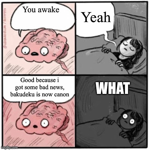 Brain Before Sleep | You awake; Yeah; WHAT; Good because i got some bad news, bakudeku is now canon | image tagged in brain before sleep | made w/ Imgflip meme maker
