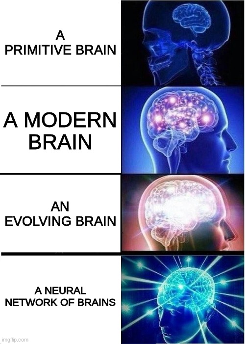 c: | A PRIMITIVE BRAIN; A MODERN BRAIN; AN EVOLVING BRAIN; A NEURAL NETWORK OF BRAINS | image tagged in memes,expanding brain | made w/ Imgflip meme maker