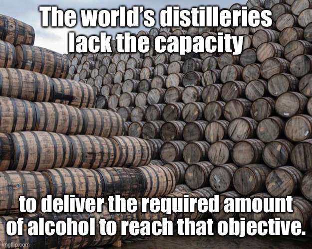 The world’s distilleries lack the capacity to deliver the required amount of alcohol to reach that objective. | made w/ Imgflip meme maker