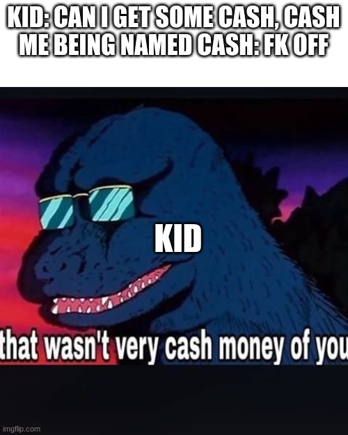 Never do this... EVER | KID: CAN I GET SOME CASH, CASH
ME BEING NAMED CASH: FK OFF; KID | image tagged in that wasnt very cash money of you | made w/ Imgflip meme maker