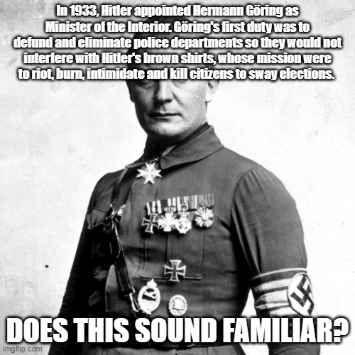 Hermann Goring | In 1933, Hitler appointed Hermann Göring as Minister of the Interior. Göring's first duty was to defund and eliminate police departments so they would not interfere with Hitler's brown shirts, whose mission were to riot, burn, intimidate and kill citizens to sway elections. DOES THIS SOUND FAMILIAR? | image tagged in political meme | made w/ Imgflip meme maker