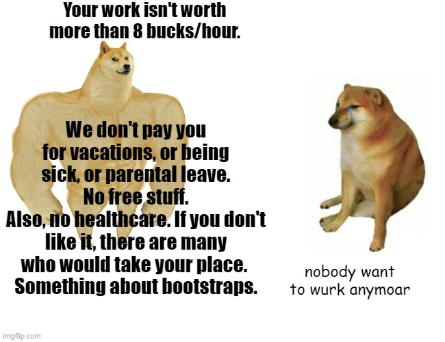 Buff Doge vs. Cheems Meme | Your work isn't worth more than 8 bucks/hour. We don't pay you for vacations, or being sick, or parental leave. No free stuff.
Also, no healthcare. If you don't like it, there are many who would take your place. 
Something about bootstraps. nobody want to wurk anymoar | image tagged in memes,buff doge vs cheems | made w/ Imgflip meme maker