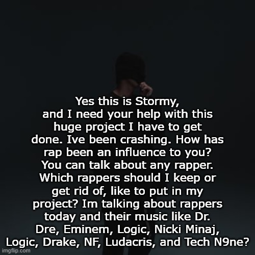 NF template | Yes this is Stormy, and I need your help with this huge project I have to get done. Ive been crashing. How has rap been an influence to you? You can talk about any rapper. Which rappers should I keep or get rid of, like to put in my project? Im talking about rappers today and their music like Dr. Dre, Eminem, Logic, Nicki Minaj, Logic, Drake, NF, Ludacris, and Tech N9ne? | image tagged in nf template | made w/ Imgflip meme maker