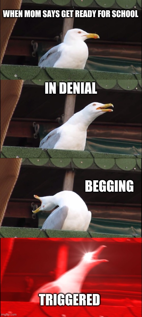Inhaling Seagull | WHEN MOM SAYS GET READY FOR SCHOOL; IN DENIAL; BEGGING; TRIGGERED | image tagged in memes,inhaling seagull | made w/ Imgflip meme maker