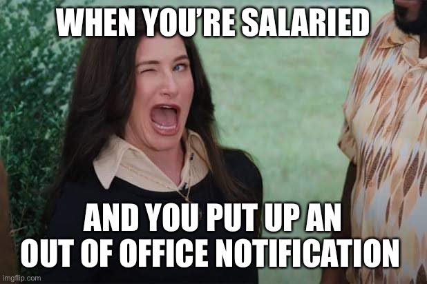 WandaVision Agnes wink | WHEN YOU’RE SALARIED; AND YOU PUT UP AN OUT OF OFFICE NOTIFICATION | image tagged in wandavision agnes wink,memes | made w/ Imgflip meme maker
