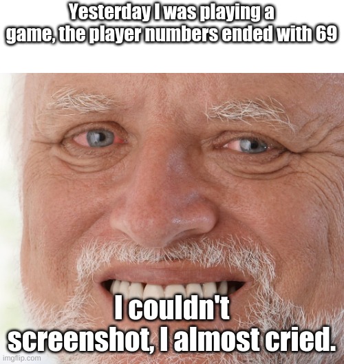 I am a true memer. | Yesterday I was playing a game, the player numbers ended with 69; I couldn't screenshot, I almost cried. | image tagged in hide the pain harold | made w/ Imgflip meme maker