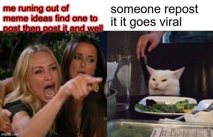 mmmmmmmmmmmmmmm bruh | me runing out of meme ideas find one to post then post it and well; someone repost it it goes viral | image tagged in memes,woman yelling at cat | made w/ Imgflip meme maker