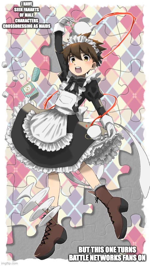 Lan Crossdressing as a Maid | I HAVE SEEN FANARTS OF MALE CHARACTERS CROSSDRESSING AS MAIDS; BUT THIS ONE TURNS BATTLE NETWORKS FANS ON | image tagged in lan hikari,megaman,megaman battle network,memes | made w/ Imgflip meme maker