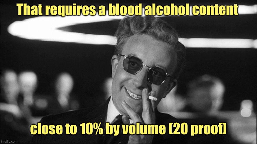 Doctor Strangelove says... | That requires a blood alcohol content close to 10% by volume (20 proof) | image tagged in doctor strangelove says | made w/ Imgflip meme maker