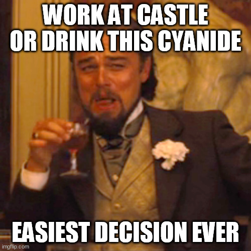 Decisions | WORK AT CASTLE OR DRINK THIS CYANIDE; EASIEST DECISION EVER | image tagged in memes,laughing leo,castle tire | made w/ Imgflip meme maker