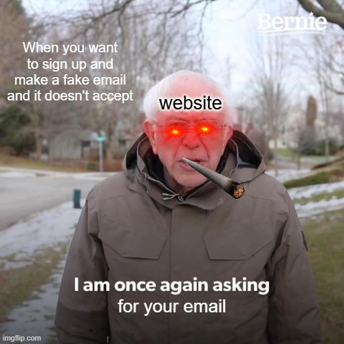 true | When you want to sign up and make a fake email and it doesn't accept; website; for your email | image tagged in memes,bernie i am once again asking for your support | made w/ Imgflip meme maker