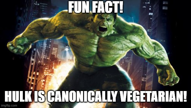 Confirmed by the creators themselves xD | FUN FACT! HULK IS CANONICALLY VEGETARIAN! | image tagged in incredible hulk,hulk,vegetarian,marvel,canon,green like vegetables xd | made w/ Imgflip meme maker