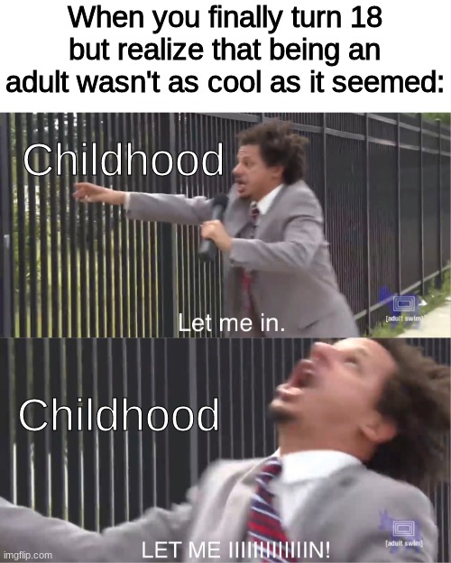 I miss being young | When you finally turn 18 but realize that being an adult wasn't as cool as it seemed:; Childhood; Childhood | image tagged in let me in,relatable | made w/ Imgflip meme maker