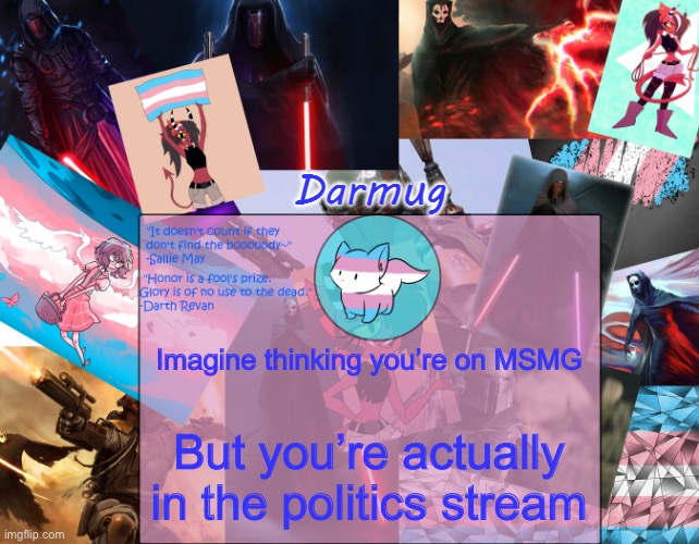 Darmug's announcement template | Imagine thinking you’re on MSMG; But you’re actually in the politics stream | image tagged in darmug's announcement template | made w/ Imgflip meme maker