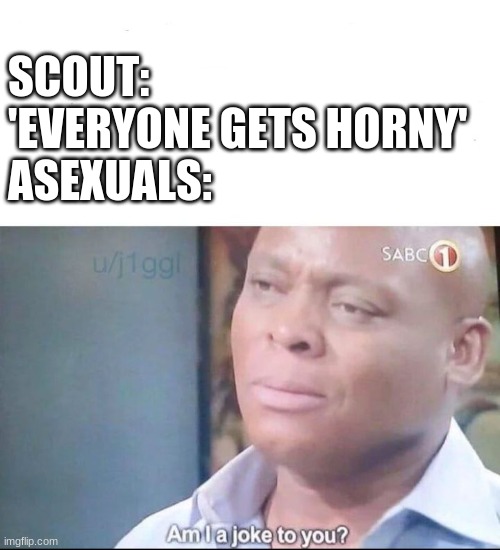 am I a joke to you | SCOUT: 'EVERYONE GETS HORNY'
ASEXUALS: | image tagged in am i a joke to you | made w/ Imgflip meme maker