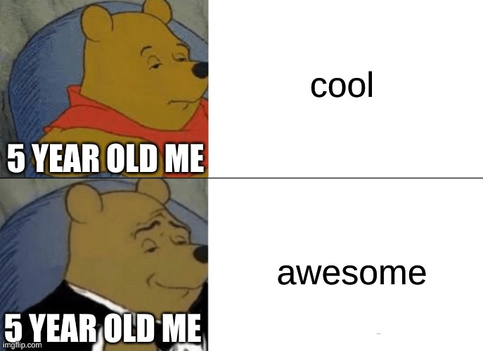 cool | cool; 5 YEAR OLD ME; awesome; 5 YEAR OLD ME | image tagged in memes,tuxedo winnie the pooh | made w/ Imgflip meme maker