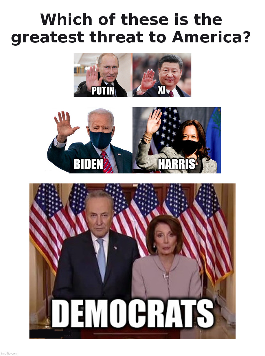 Which of these is the greatest threat to America? | image tagged in putin,xi jinping,biden,kamala harris,democrats | made w/ Imgflip meme maker