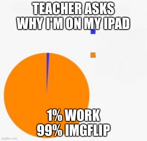 pie chart/ percentage | TEACHER ASKS WHY I'M ON MY IPAD; 1% WORK

99% IMGFLIP | image tagged in pie chart/ percentage | made w/ Imgflip meme maker