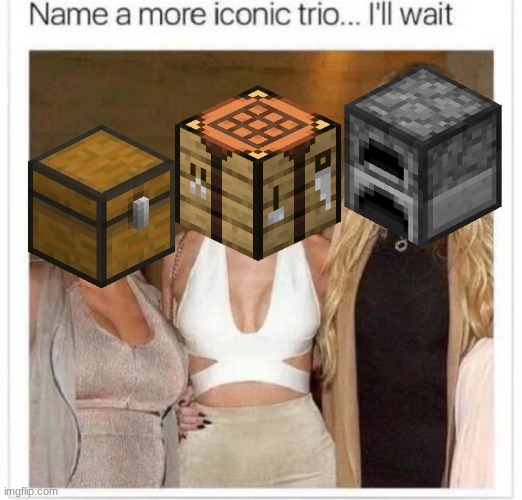 Best trio ever | image tagged in name a more iconic trio,chest,furniture,crafting table | made w/ Imgflip meme maker