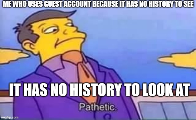 skinner pathetic | ME WHO USES GUEST ACCOUNT BECAUSE IT HAS NO HISTORY TO SEE IT HAS NO HISTORY TO LOOK AT | image tagged in skinner pathetic | made w/ Imgflip meme maker
