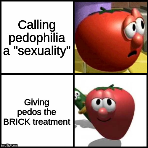 Drake meme (Veggietales) | Calling pedophilia a "sexuality" Giving pedos the BRICK treatment | image tagged in drake meme veggietales | made w/ Imgflip meme maker
